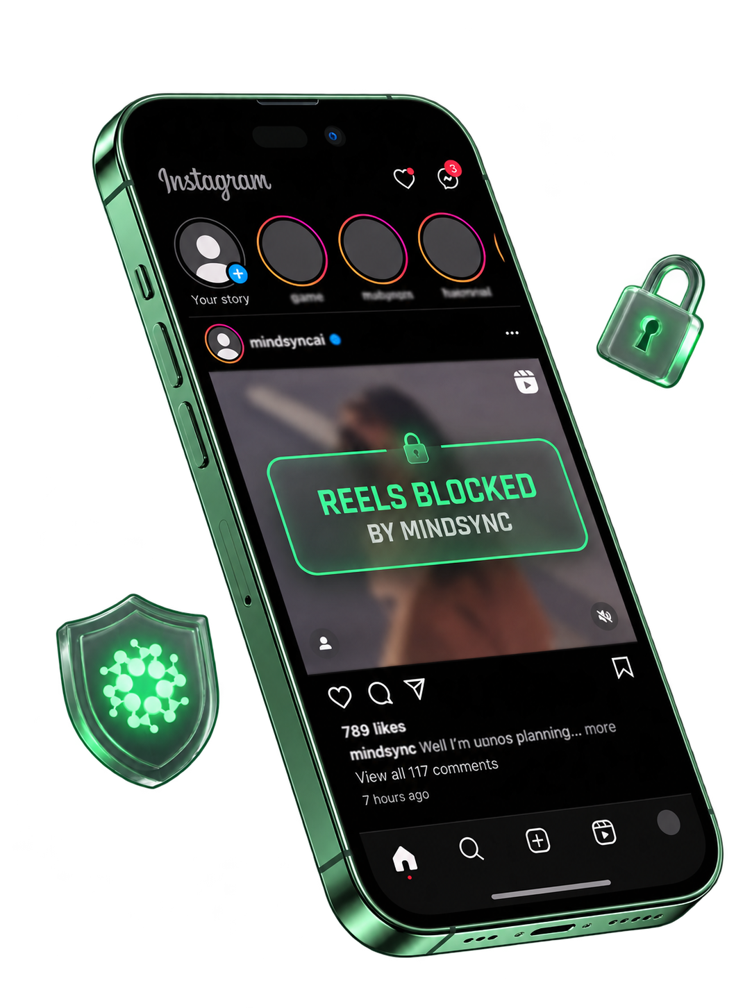 Phone showing reels blocked by MindSync, with a glowing shield and lock